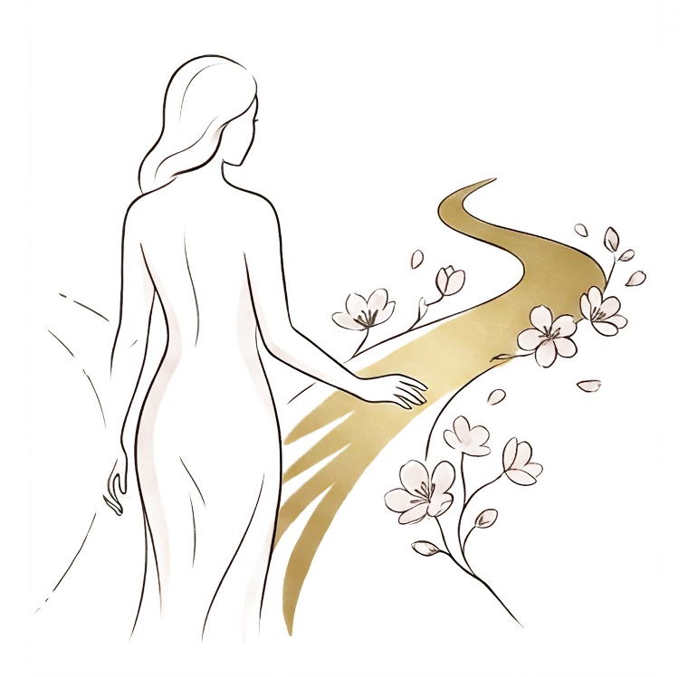Illustrazione a linea: una figura di spalle, già in cammino lungo un sentiero dorato fiorito
